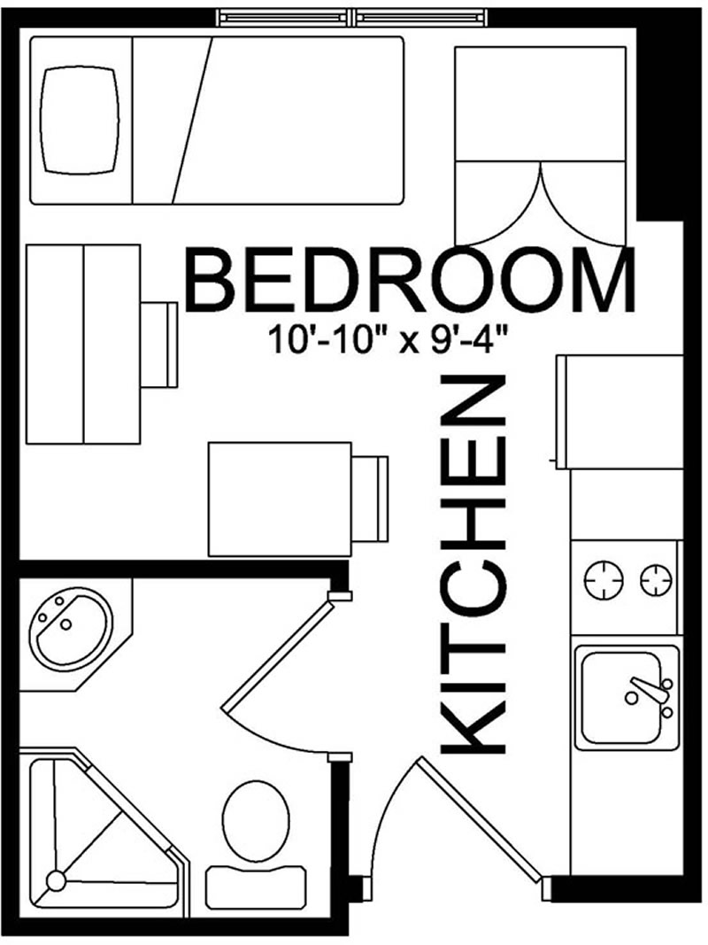 University Villiage Single Efficiency Floor Plan in black and white